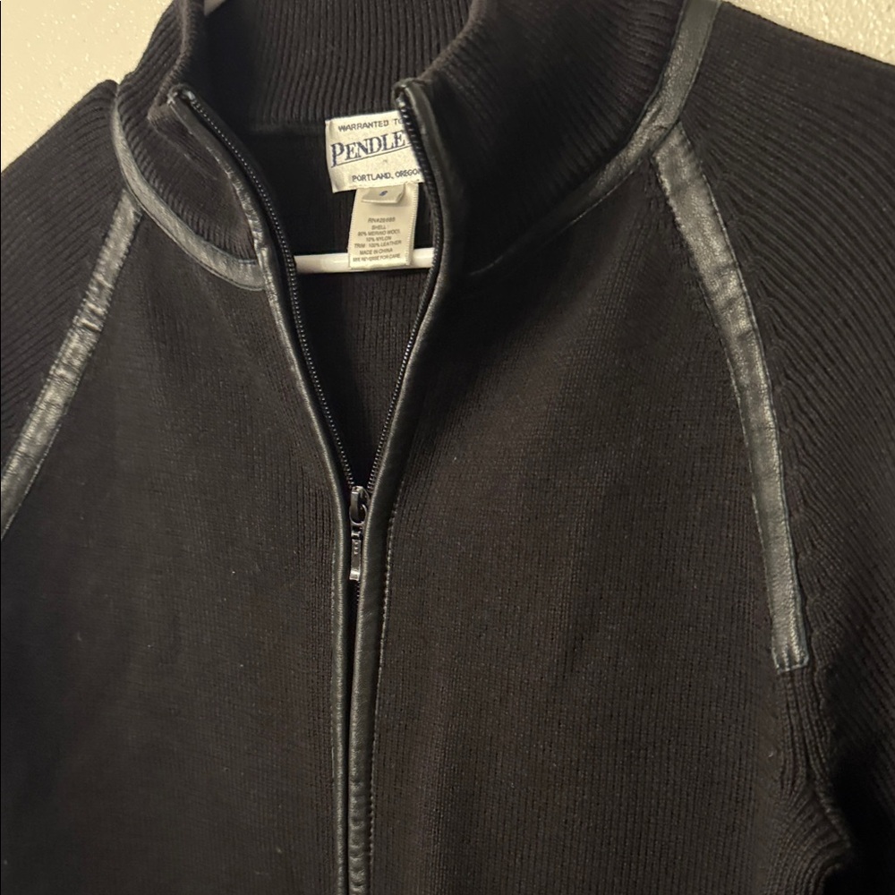 Pendleton Black Knit Jacket With Leather Trim S - image 3